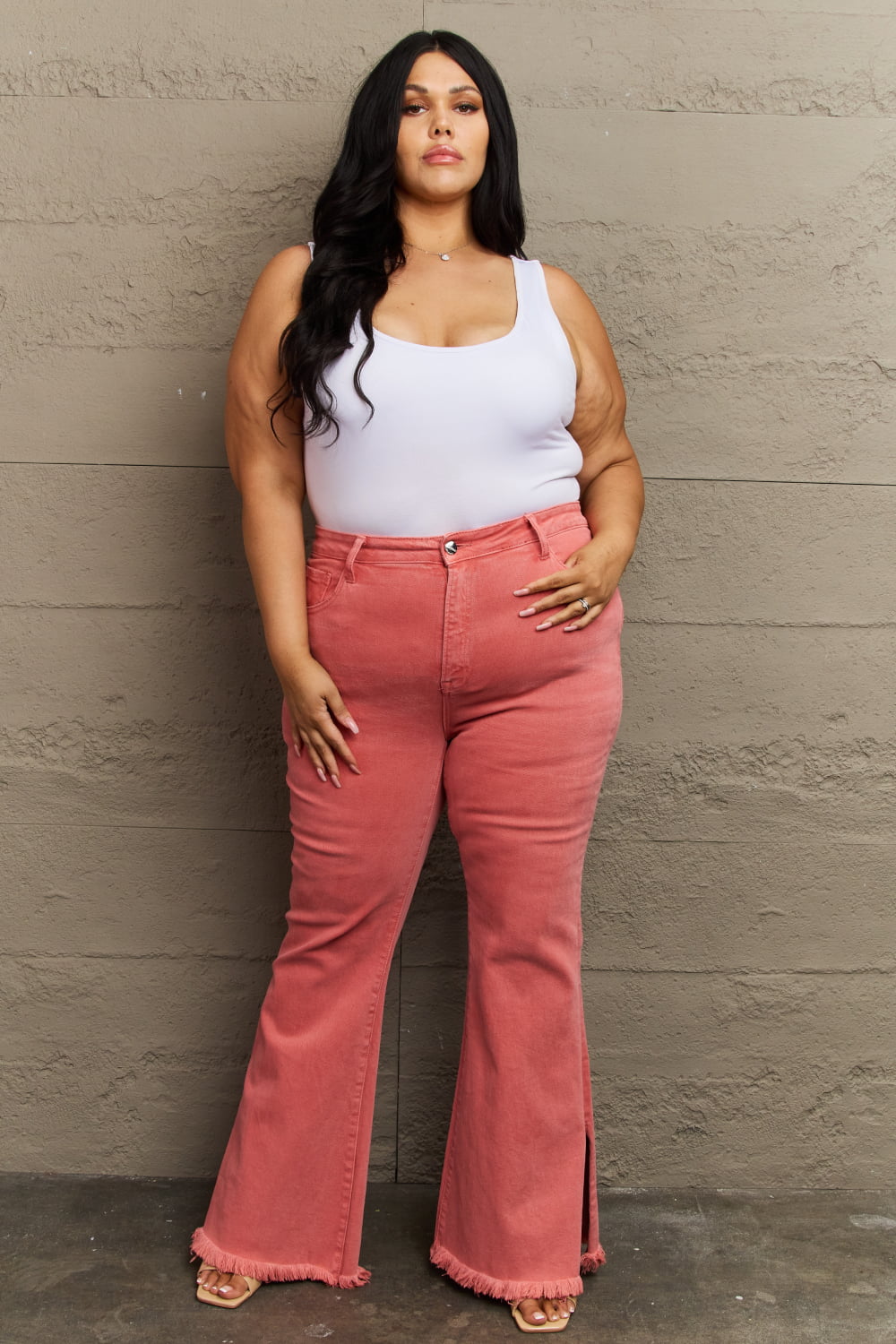 RISEN Bailey High Rise Raw Side Slit Hem Flared Leg Pink Denim Jeans