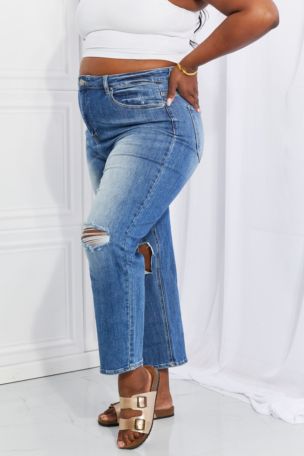 RISEN Emily High Rise Destroyed Straight Leg Relaxed Fit Cropped Blue Denim Jeans