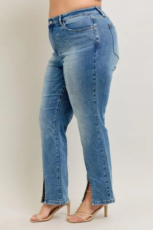 Judy Blue High Waist Vintage Wash Front Seam Slit Straight Leg Denim Jeans