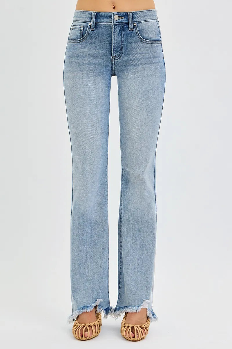 RISEN Tummy Control Mid Rise Flare Fray Hem Denim Jeans