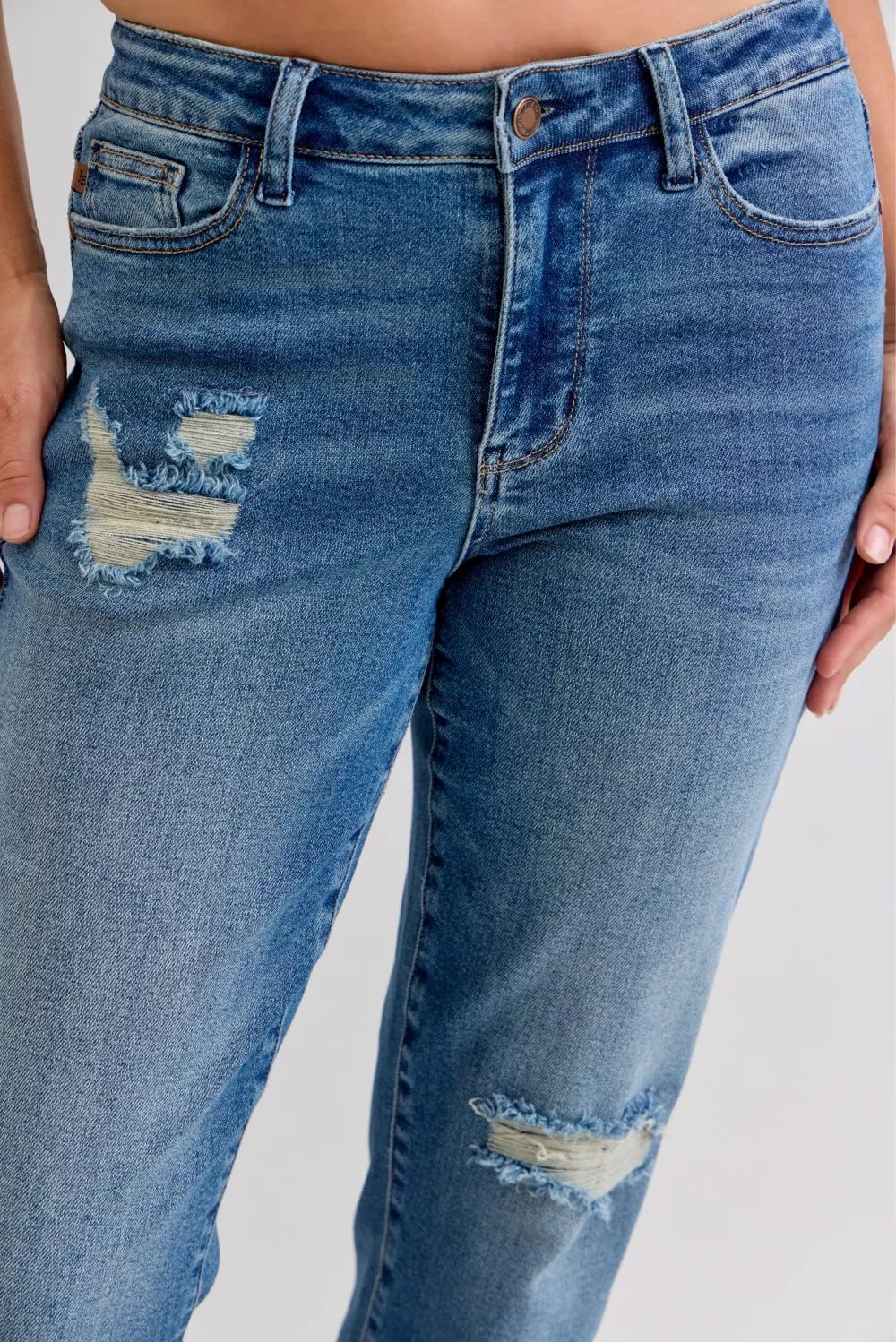 Judy Blue Mid Rise Patch & Repair Destroy Release Hem Boyfriend Jeans