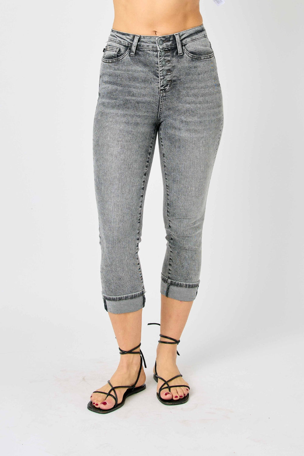 Judy Blue Sasha High Waist Cuffed Button Fly Gray Denim Capri Jeans