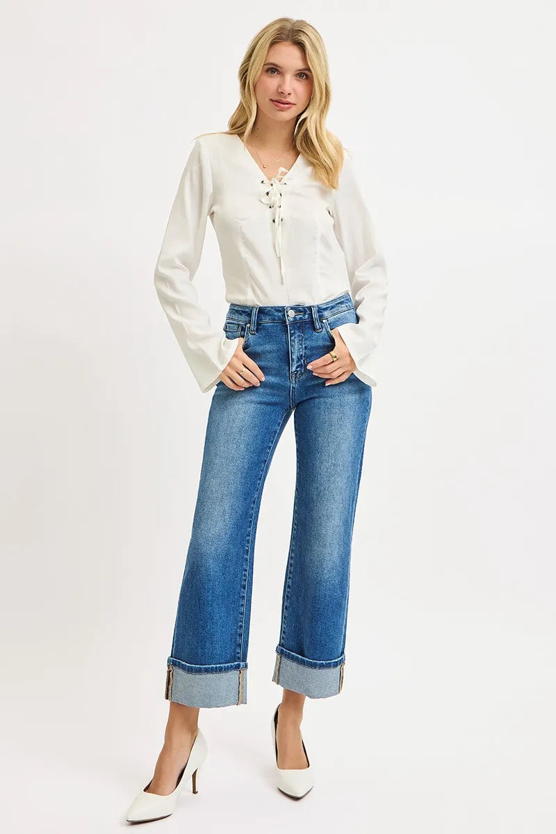 RISEN  Mid Rise Crop Straight Cuffed Jeans