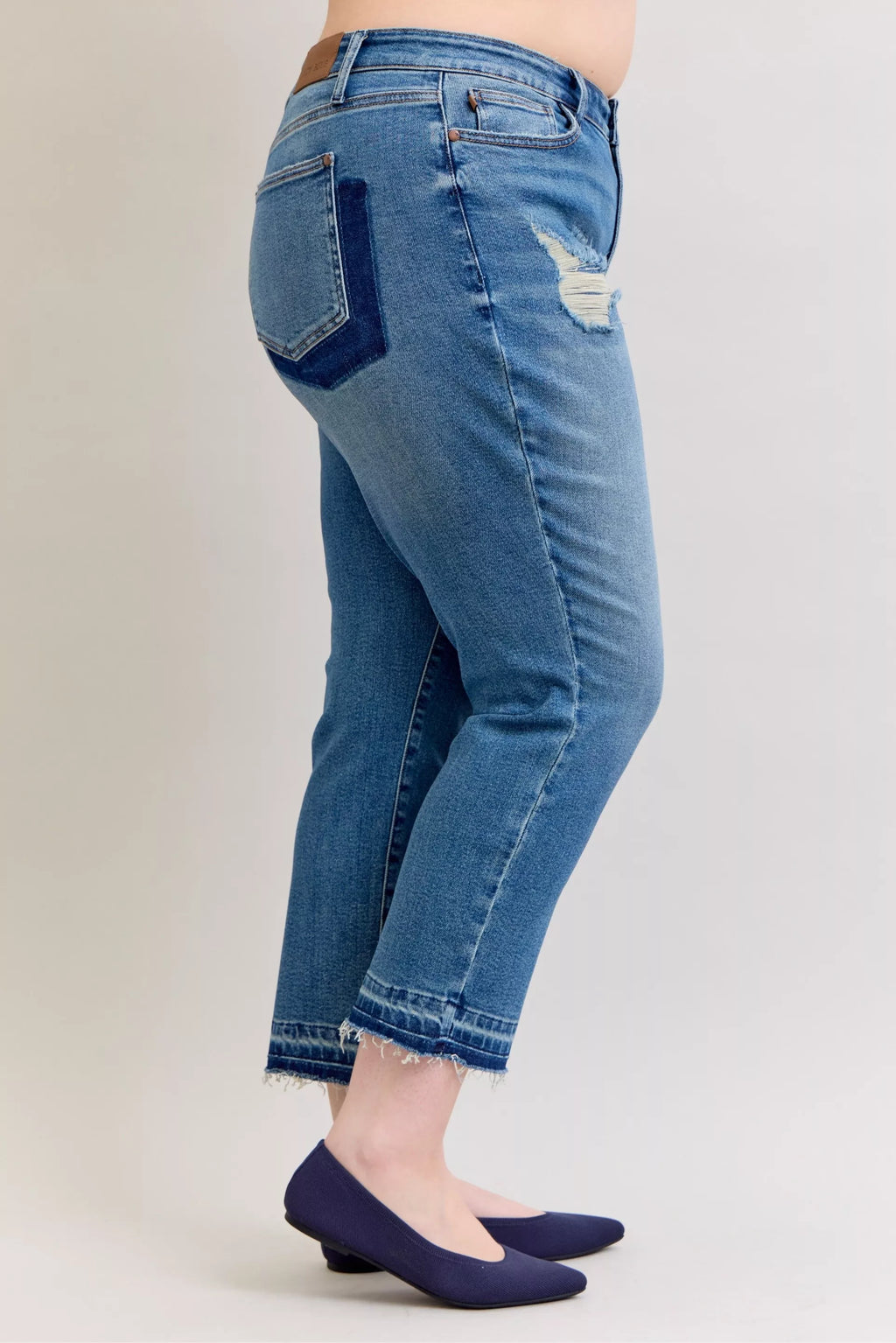 Judy Blue Mid Rise Patch & Repair Destroy Release Hem Boyfriend Jeans