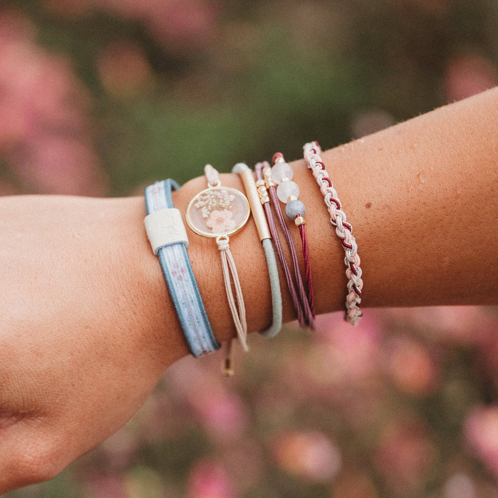 "Bloom" Maroon and Pink with Pressed Flowers Hair Tie Bracelets