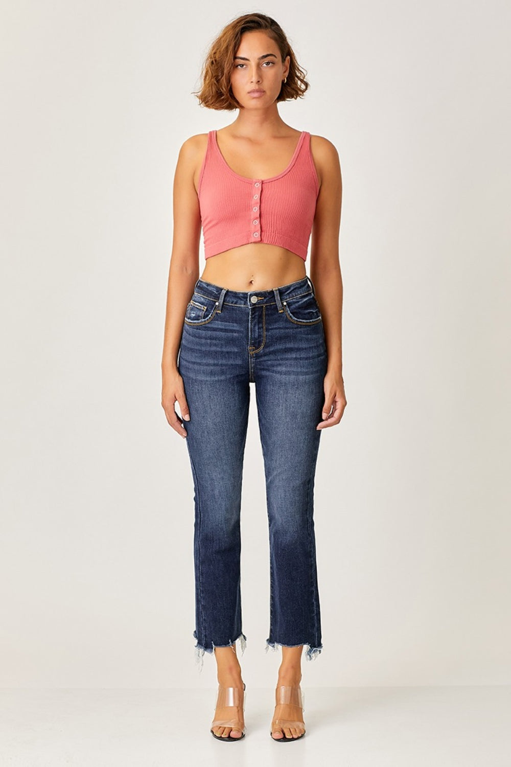 Risen Frayed Hem Cropped Blue Denim Straight Leg Jeans