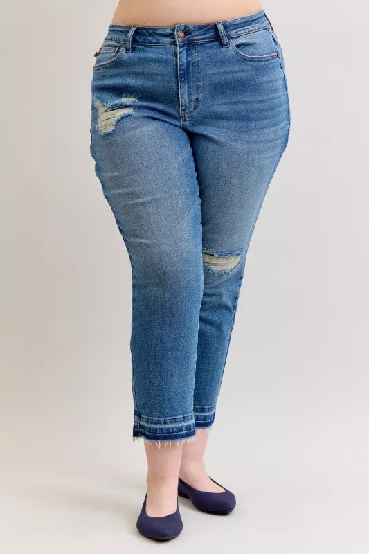 Judy Blue Mid Rise Patch & Repair Destroy Release Hem Boyfriend Jeans