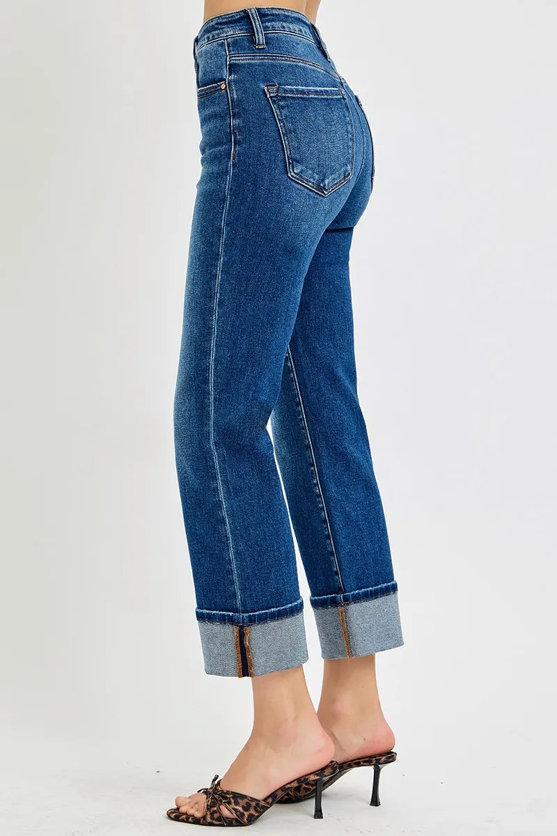 RISEN High Rise Ankle Straight Cuffed Jeans
