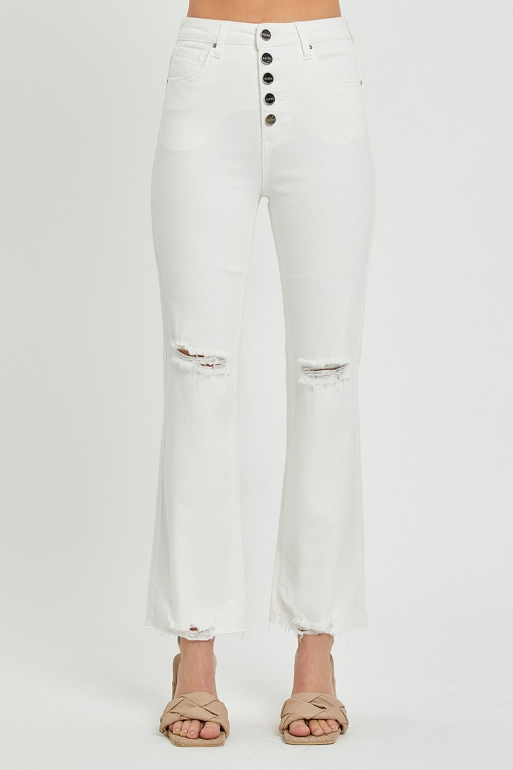 RISEN High Rise Button Fly White Denim Straight Leg Jeans