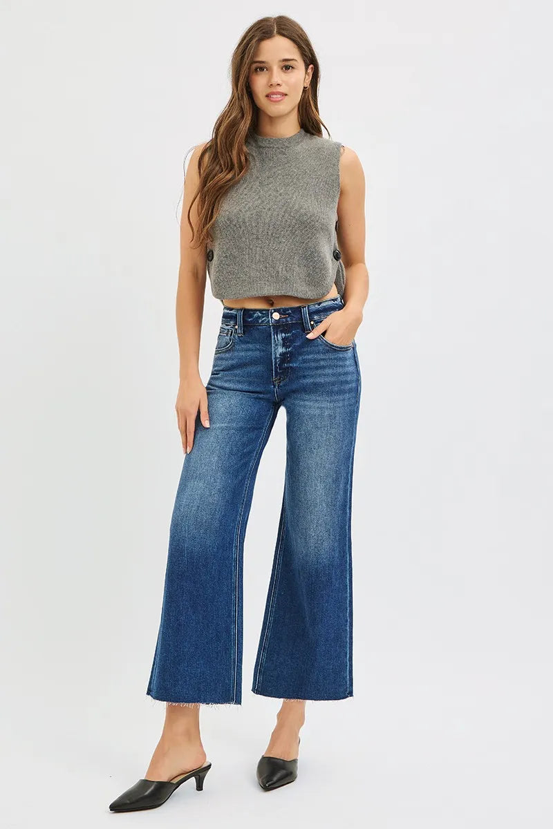RISEN Mid Rise Crop Wide Raw Cut Hem Jeans