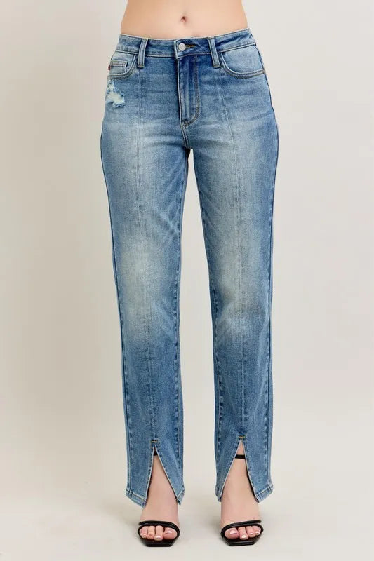 Judy Blue High Waist Vintage Wash Front Seam Slit Straight Leg Denim Jeans