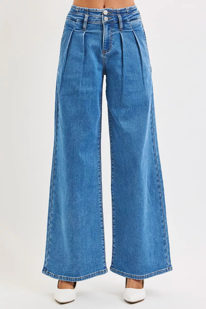 RISEN Mid Rise Fit Wide Leg Pleated Jeans