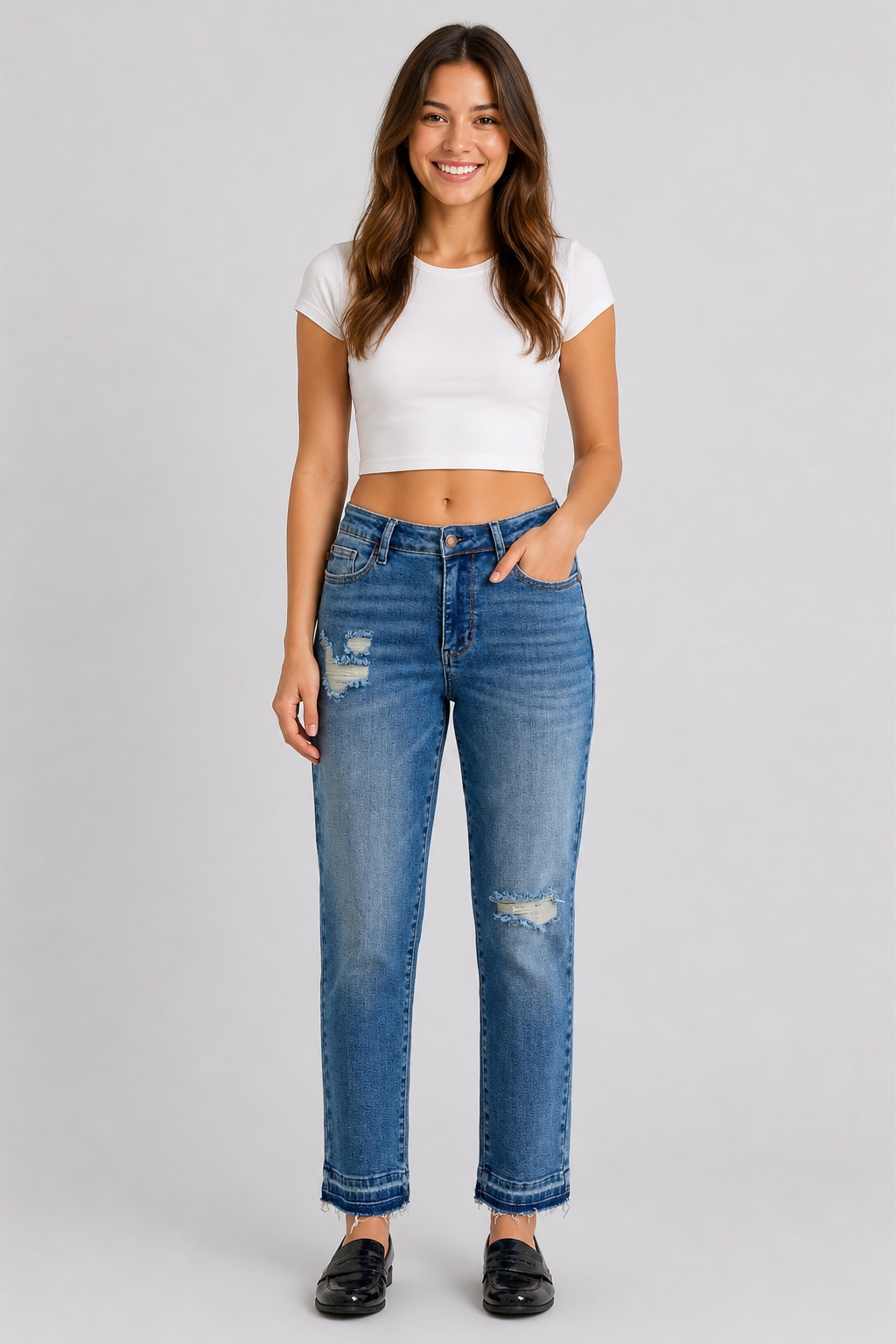 Judy Blue Mid Rise Patch & Repair Destroy Release Hem Boyfriend Jeans