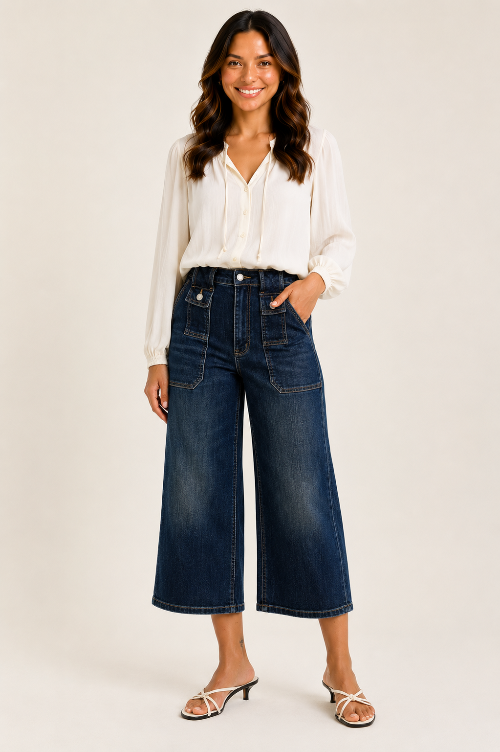 Judy Blue High Waist Wide Crop Utility Jeans with Patch Pocket