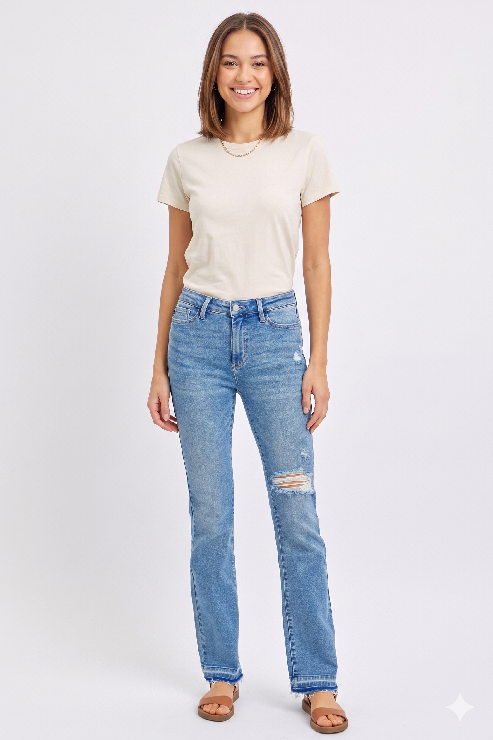 Judy Blue Mid Rise Destroyed Hem Distressed Blue Denim Jeans