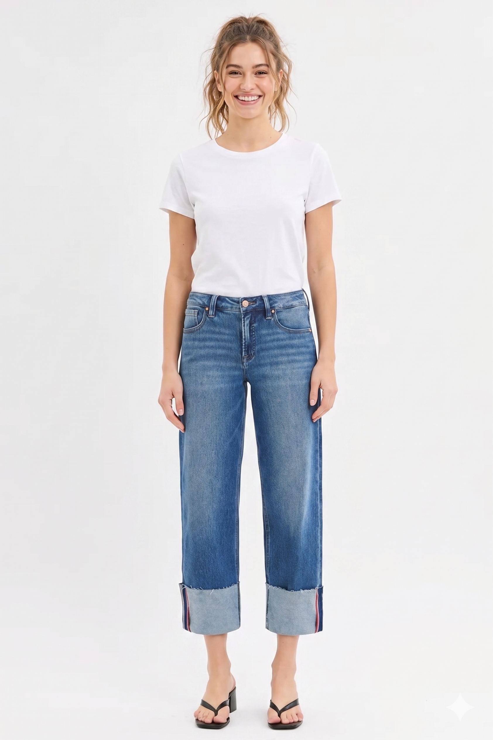 RISEN Tummy Control Mid Rise Crop Wide Cuffed Jeans