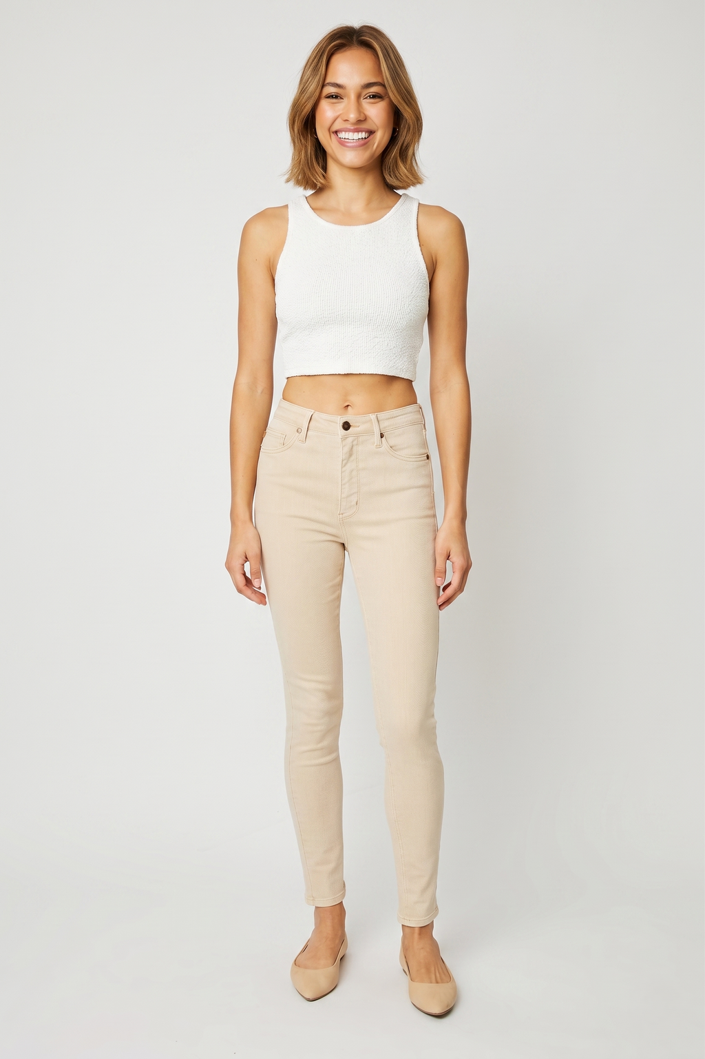 Judy Blue Tummy Control Garment Dyed Bone White Denim Skinny Jeans