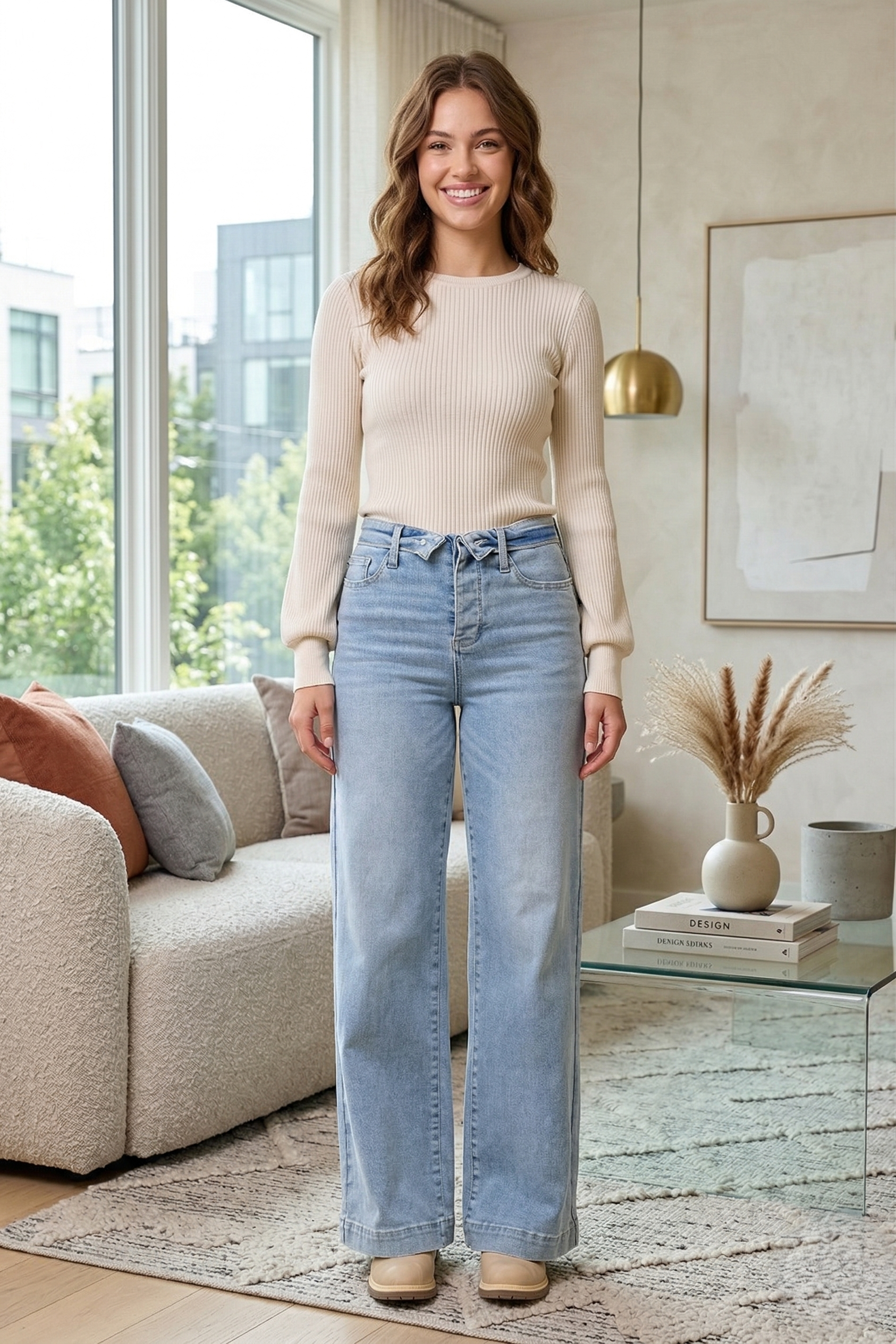 Judy Blue Mid Rise Retro Wide Leg Jeans with Fold-over Waistband