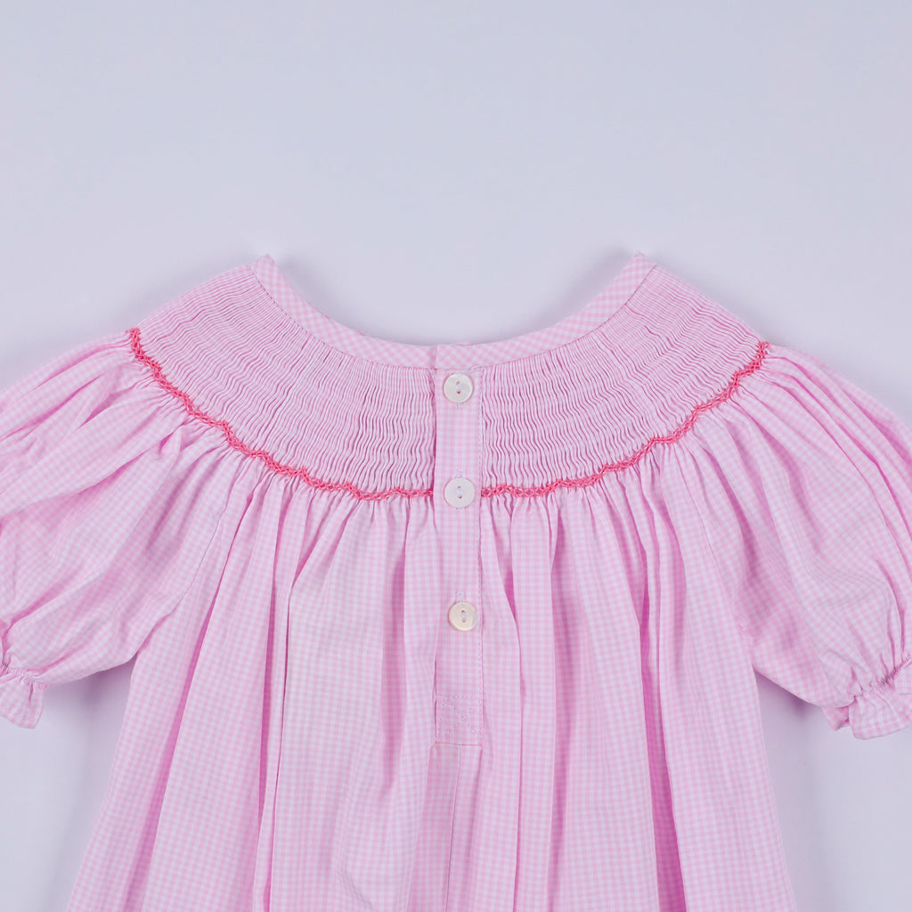 Pink christmas tree hand smocked ruffle romper
