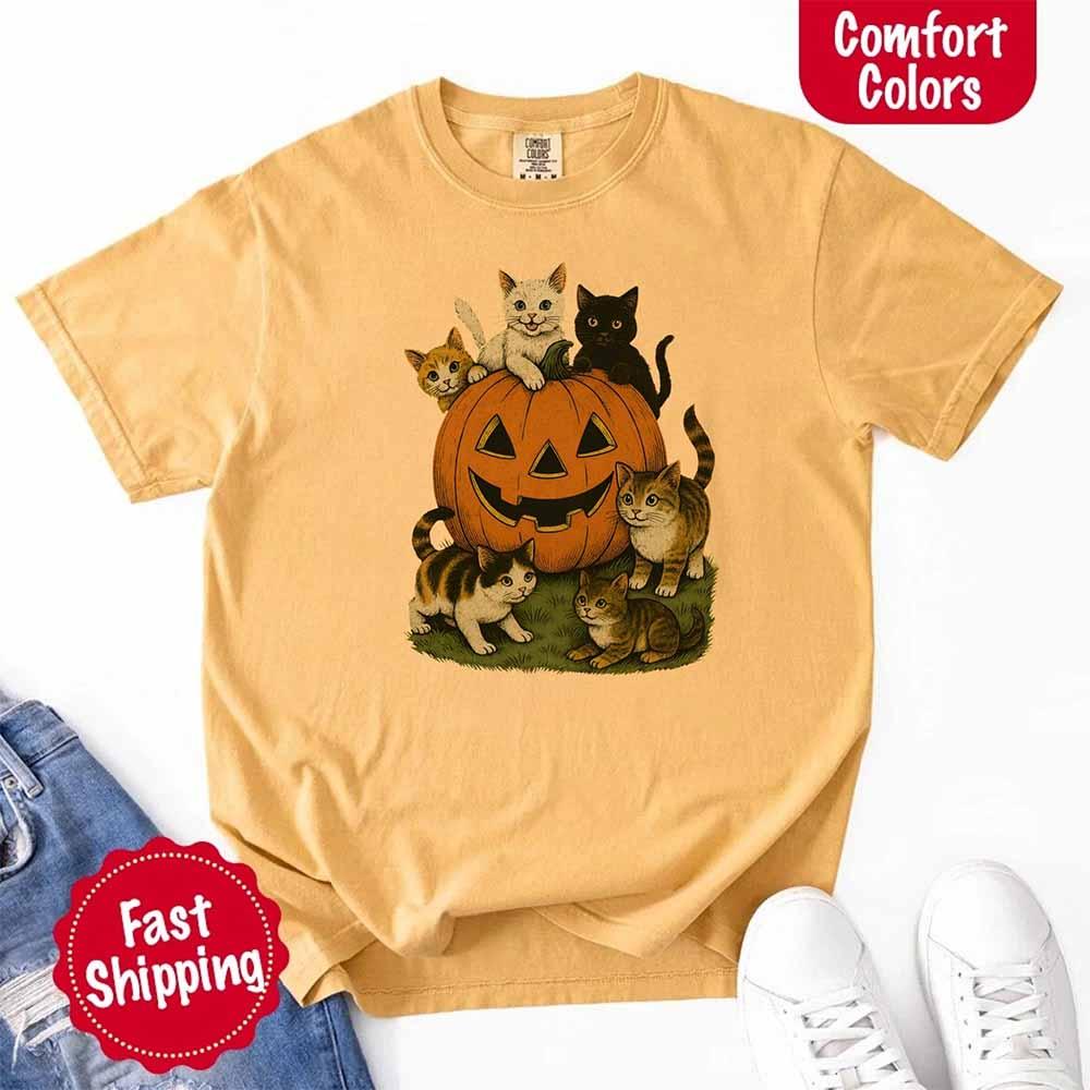 Vintage 90s Cat Halloween Comfort Colors Shirt – Retro Tee for Cat Lovers