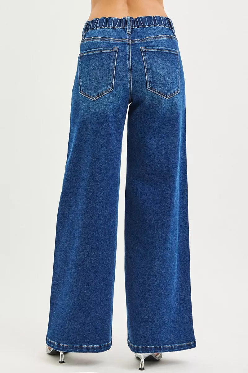 RISEN Full Size Mid Rise Wide Side Pintuck Jeans with Front Drawstring