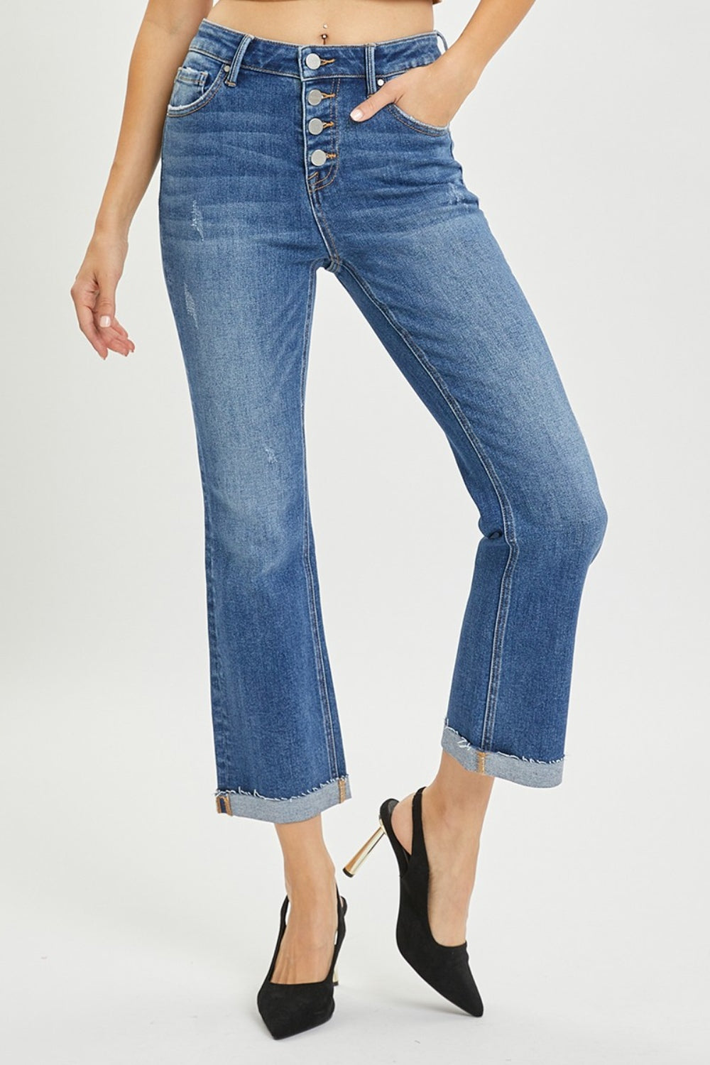 RISEN Button Fly Flared Leg Blue Denim Cropped Jeans