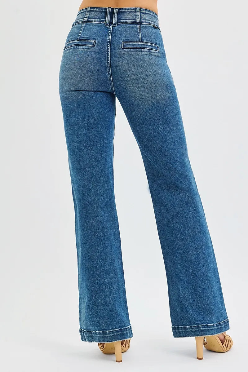 RISEN Tummy Control High Rise Bootcut Jeans with Double Button Waistband