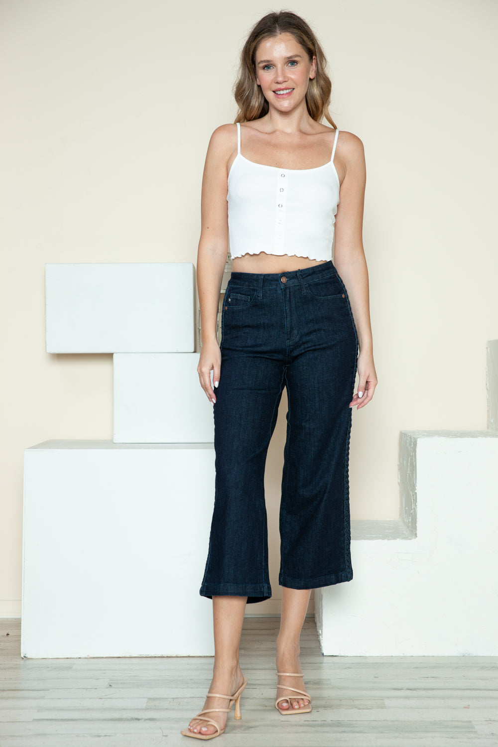 Judy Blue Side Seam Braid Detail Crop Wide Leg Blue Wash Denim Jeans