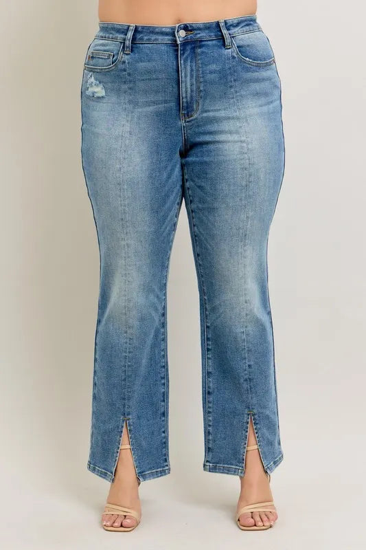 Judy Blue High Waist Vintage Wash Front Seam Slit Straight Leg Denim Jeans