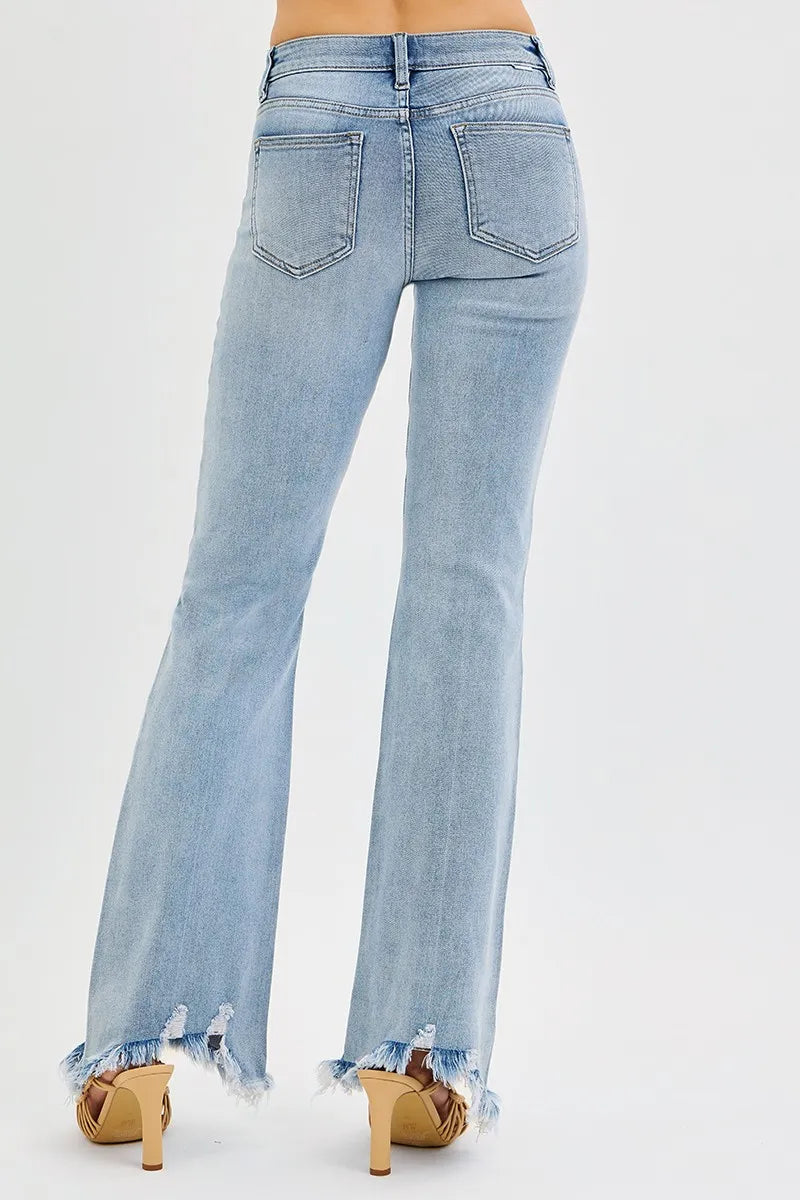 RISEN Tummy Control Mid Rise Flare Fray Hem Denim Jeans