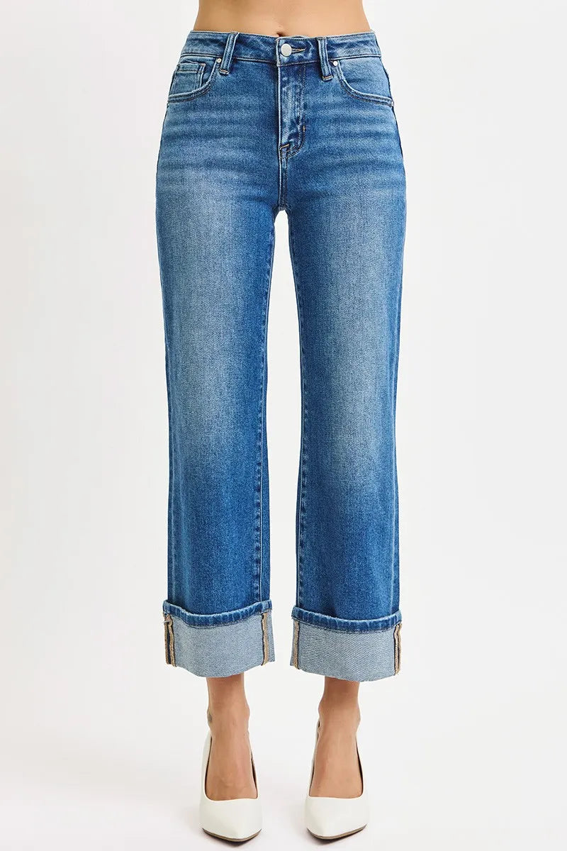 RISEN  Mid Rise Crop Straight Cuffed Jeans