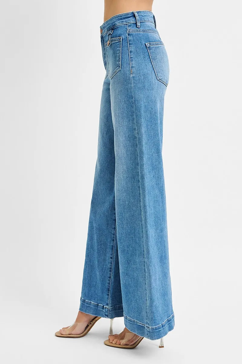 RISEN Mid Rise Wide Front Patch Pocket Denim Jeans