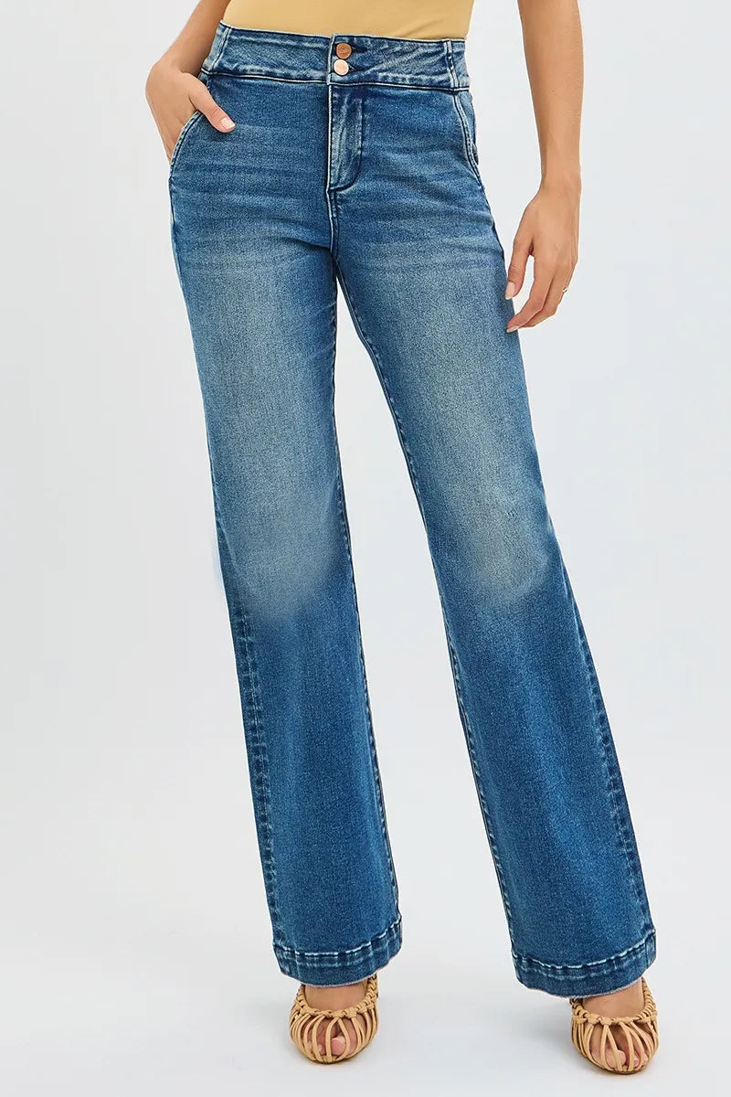 RISEN Tummy Control High Rise Bootcut Jeans with Double Button Waistband