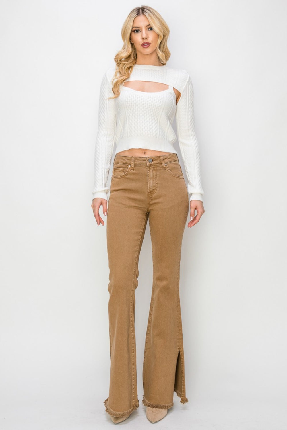 RISEN Brown Side Slit Flared Leg Denim Jeans