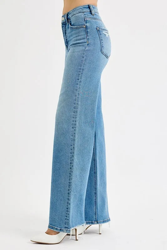 RISEN Distressed Wide Leg Jeans