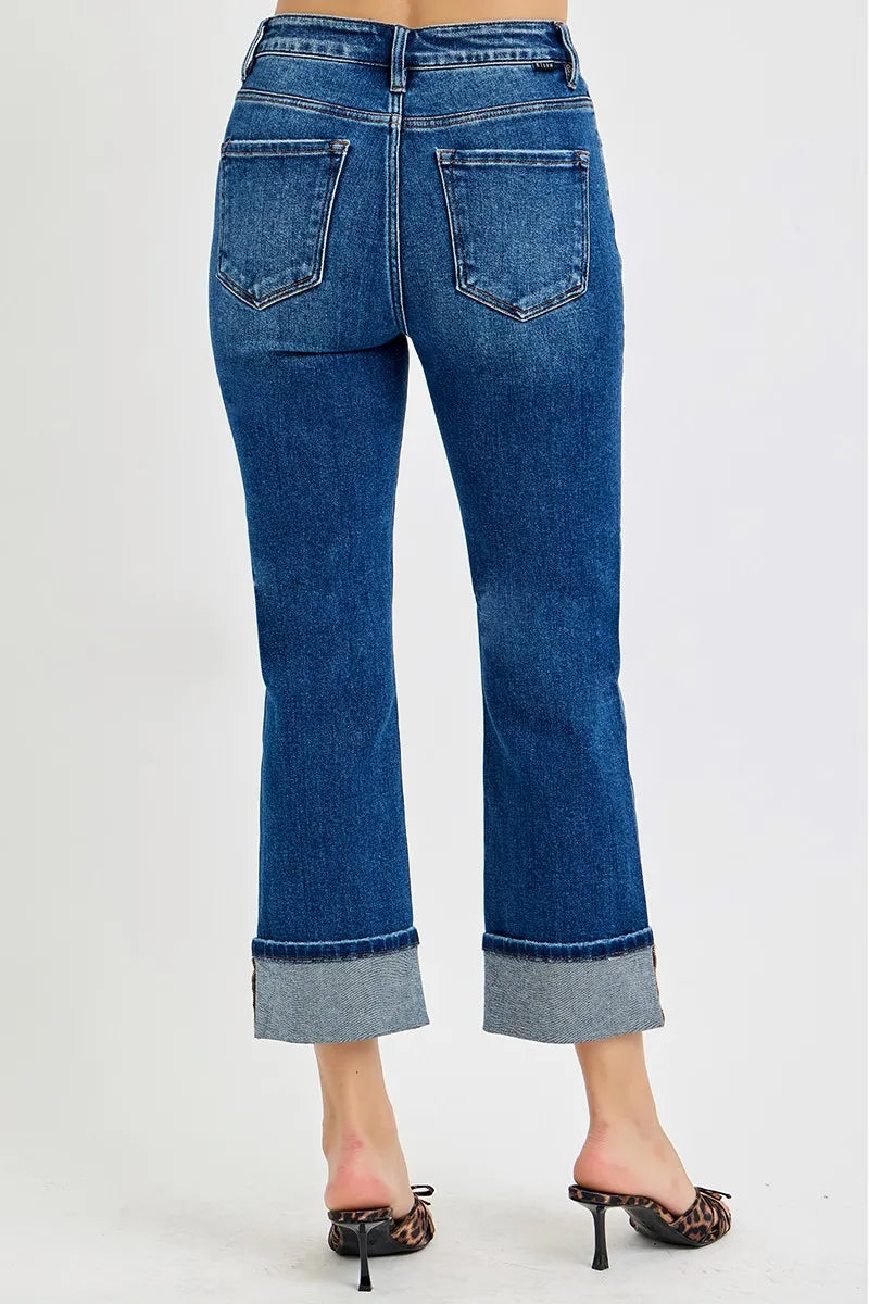 RISEN High Rise Ankle Straight Cuffed Jeans