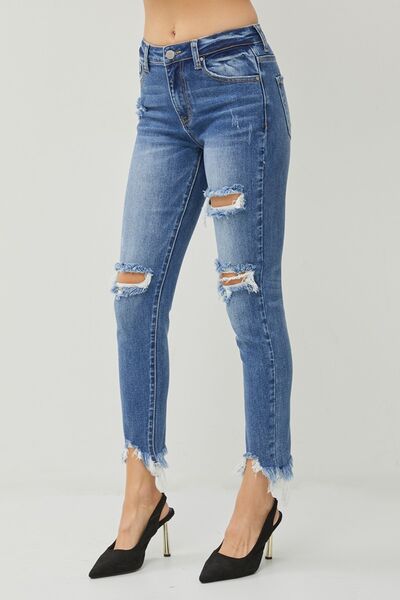 RISEN Destroyed Raw Frayed Hem Blue Denim Skinny Jeans