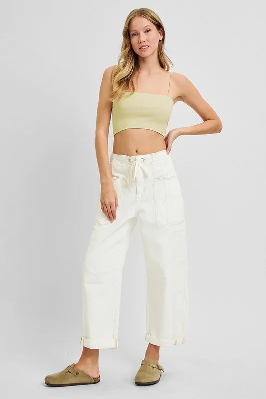 RISEN High Rise Crop Wide Barrel Cargo Pocket Jeans