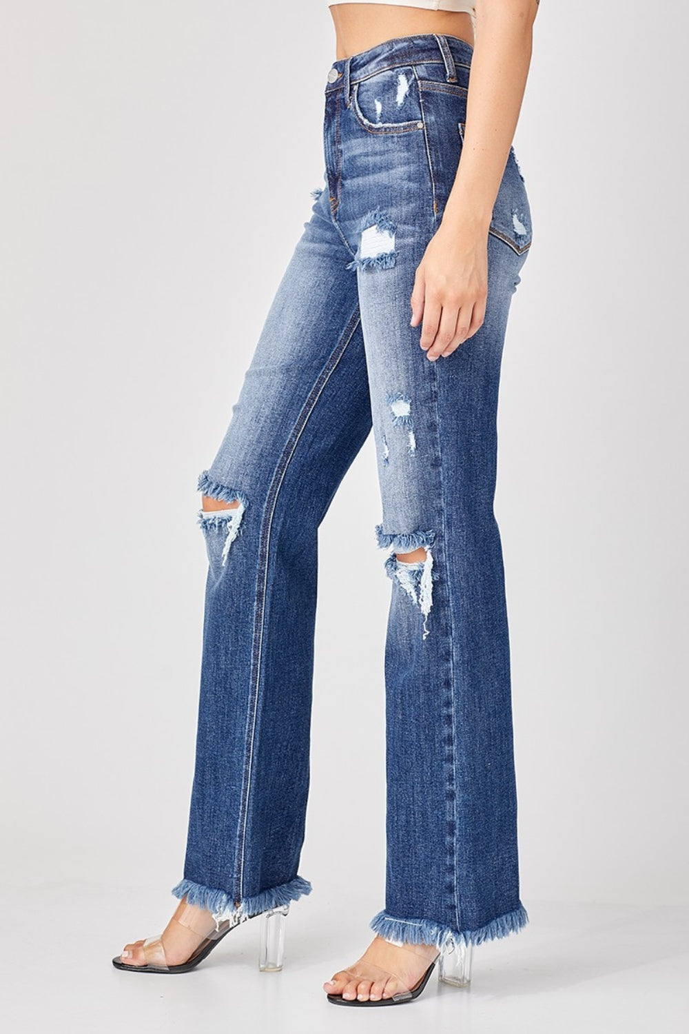 Risen Raw Hem Distressed Denim Straight Leg Jeans