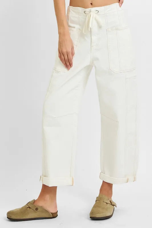 RISEN High Rise Crop Wide Barrel Cargo Pocket Jeans