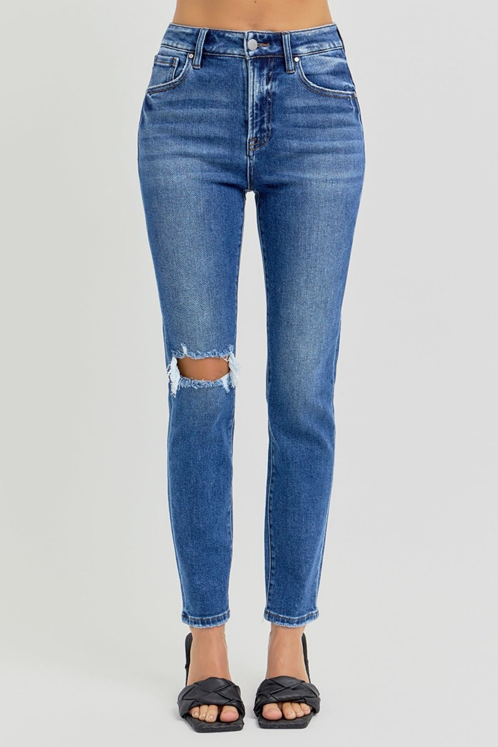 RISEN High Rise Ankle Skinny Knee Distressed Blue Denim Jeans
