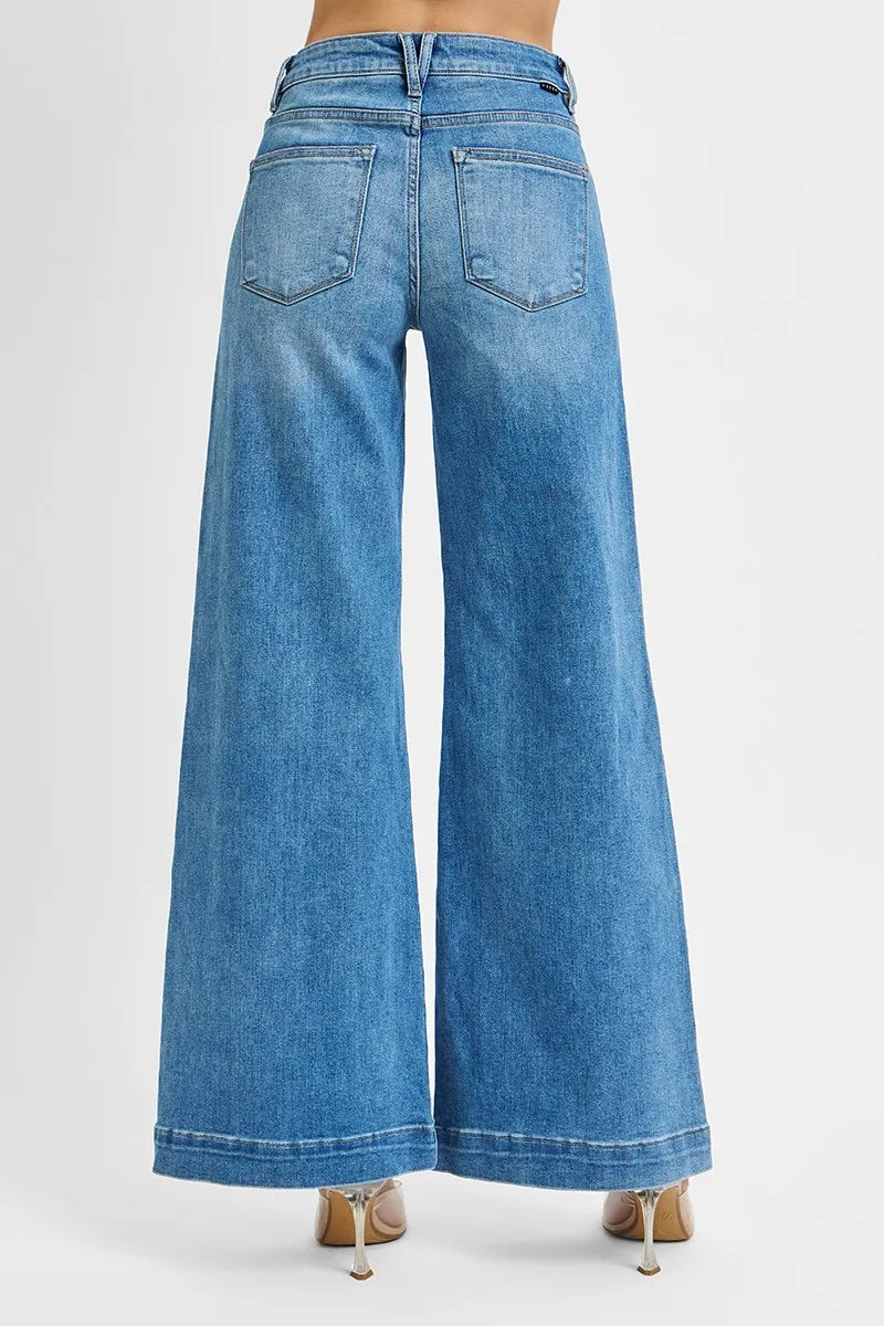 RISEN Mid Rise Wide Front Patch Pocket Denim Jeans