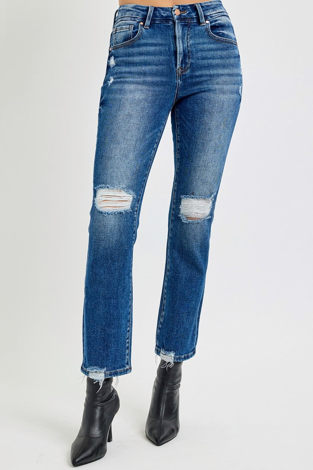 RISEN High Rise Distressed Crop Straight Leg Blue Denim Jeans