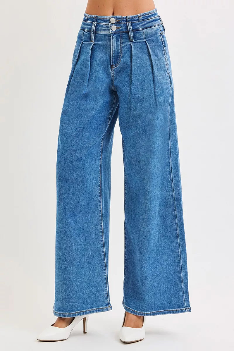RISEN Mid Rise Fit Wide Leg Pleated Jeans