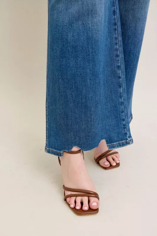 Judy Blue  High Waist Tummy Control Chew Hem Destroy Wide Jeans