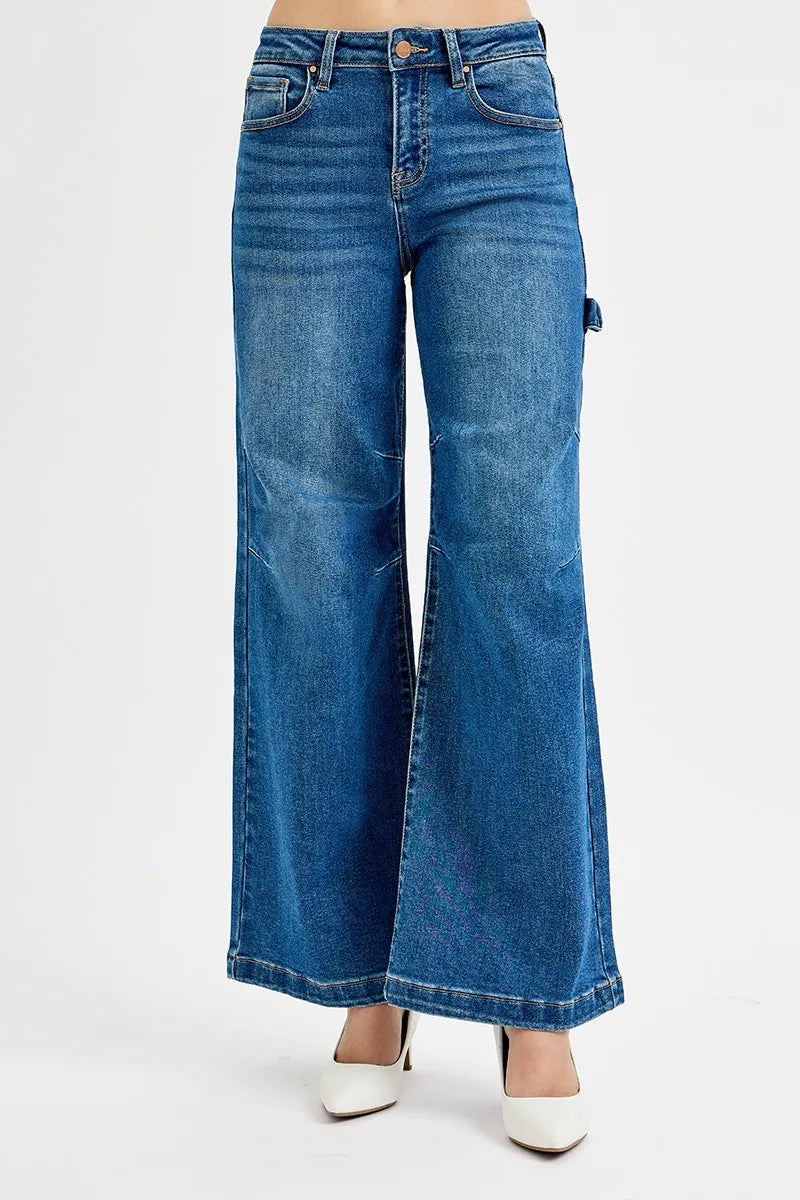 RISEN High Rise Wide Leg Patch Detailed Jeans