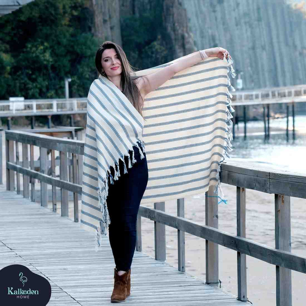 Dark Blue Striped Handwoven Turkish Towel