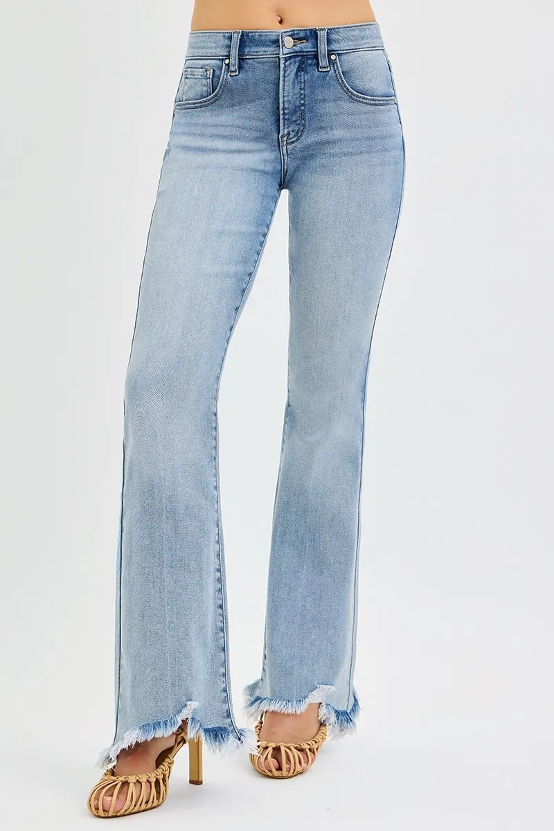 RISEN Tummy Control Mid Rise Flare Fray Hem Denim Jeans
