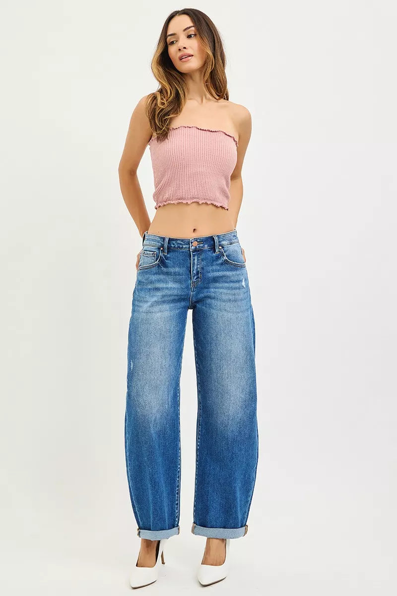 RISEN Mid Rise Barrel Double Roll Up Jeans