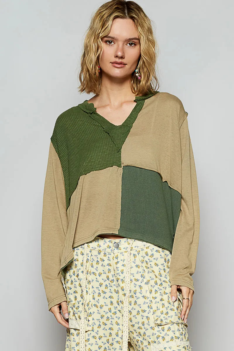 POL Color Block Notched Long Sleeve T-Shirt